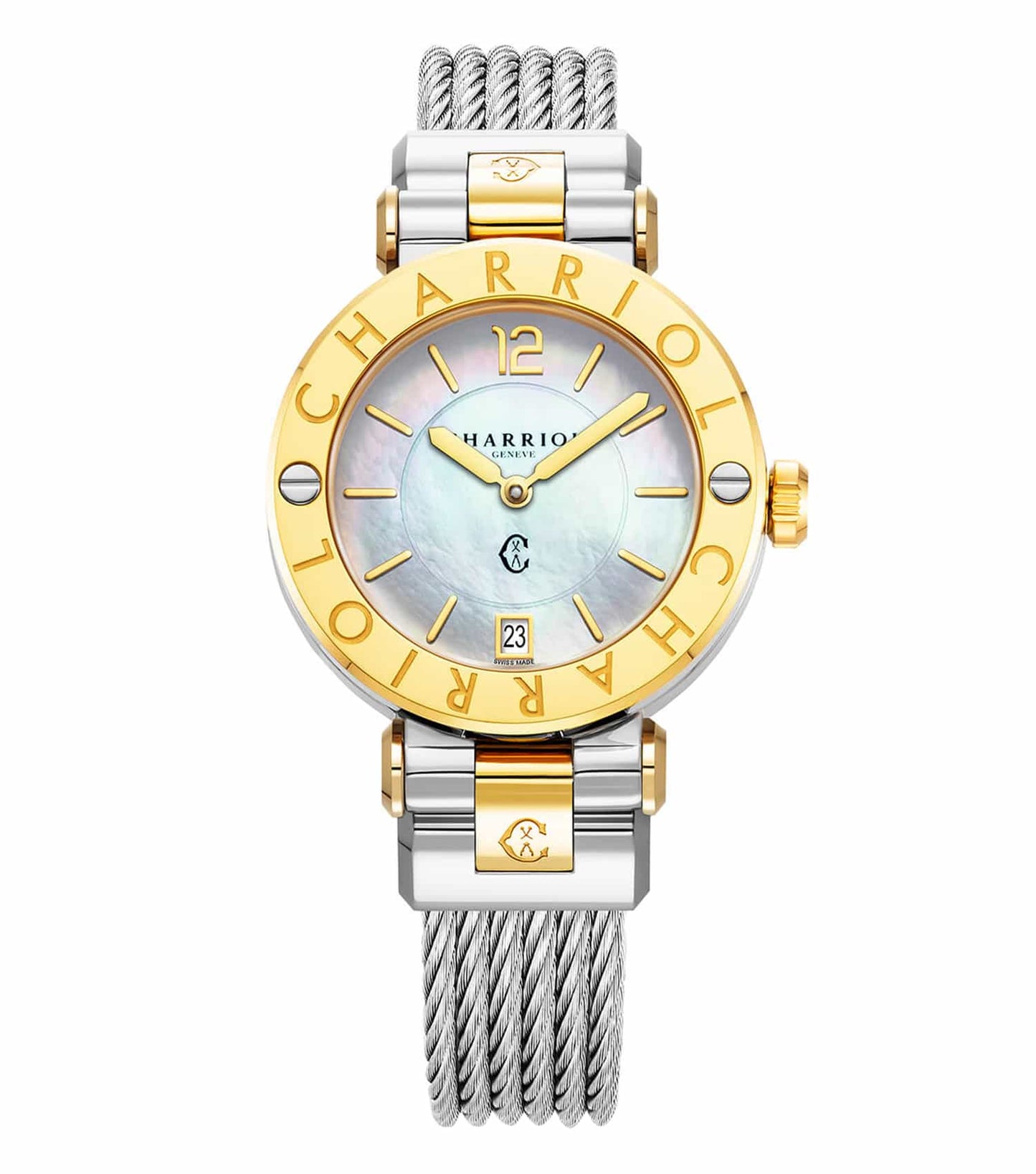 Charriol elegant silver watch with a navy blue dial, featuring a top-down view showcasing its sleek, modern design and precision craftsmanship.