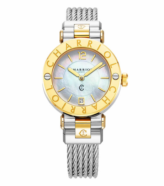 Charriol elegant silver watch with a navy blue dial, featuring a top-down view showcasing its sleek, modern design and precision craftsmanship.