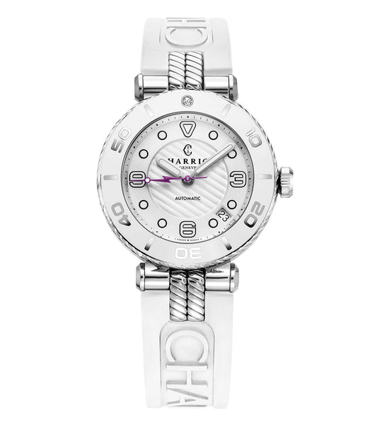 White Charriol watch, angled view; detailed face design, minimalist layout, sleek bezel, timepiece passion, luxury style.