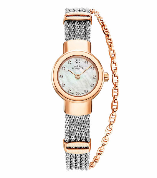 Charriol St. Tropez Quartz Watch in side view, showcasing the elegant design, silver-tone stainless steel bracelet, and sparkling bezel.
