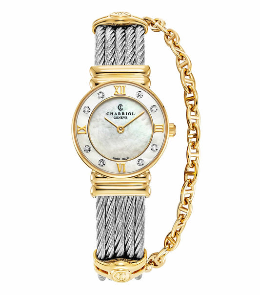Charriol St-Tropez watch with a silver-tone finish showcased at a 45-degree angle, highlighting its elegant design and intricate details.