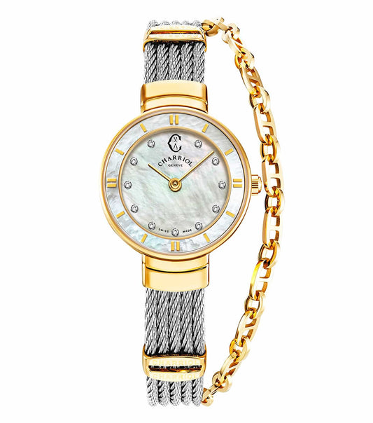 Charriol quartz watch in a vibrant yellow color, showcasing a front angle with metallic details and modern design elegance.