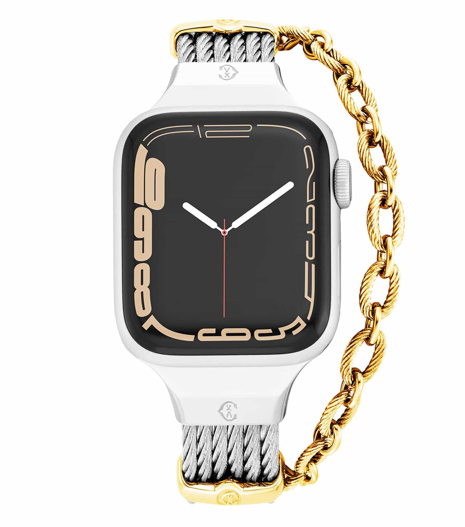 Charriol luxurious peach watch band at an angle showcasing intricate jewelry design against a clean white backdrop.