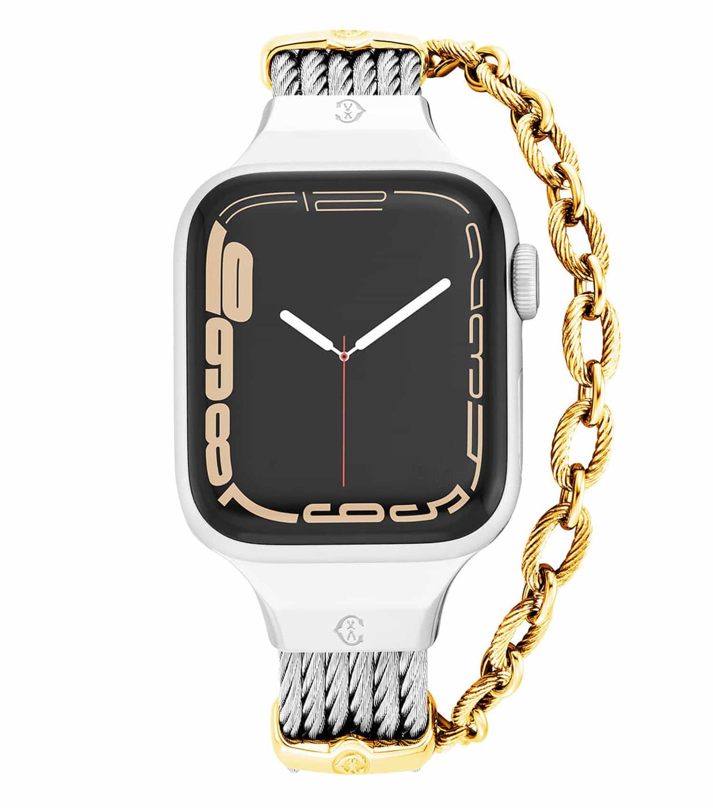 Charriol luxurious peach watch band at an angle showcasing intricate jewelry design against a clean white backdrop.