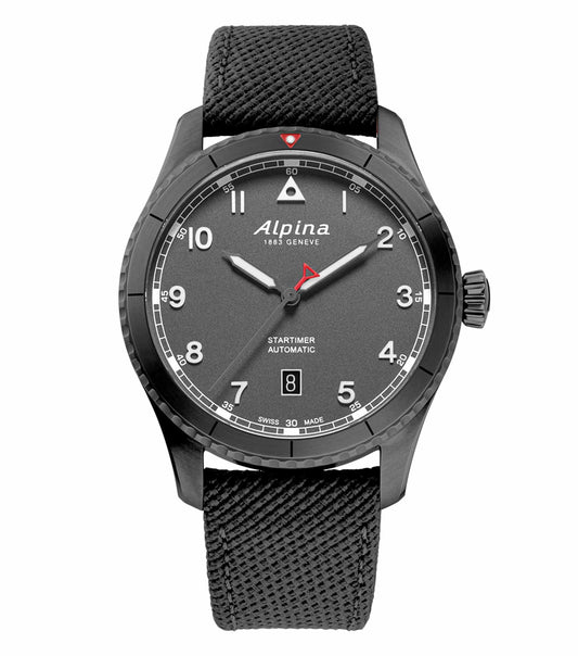 Blue Alpina watch with grey strap displayed at a 45-degree angle, highlighting its elegant design and precise craftsmanship.