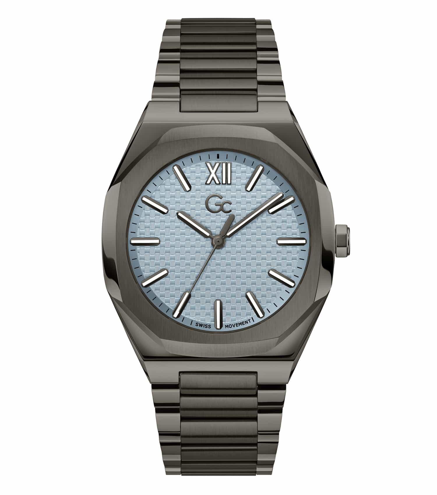 GC Grey Men's Watch angled front view with sleek design and stainless steel strap, showcasing elegance and precision features