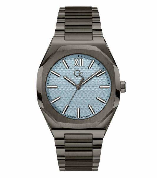 GC Grey Men's Watch angled front view with sleek design and stainless steel strap, showcasing elegance and precision features