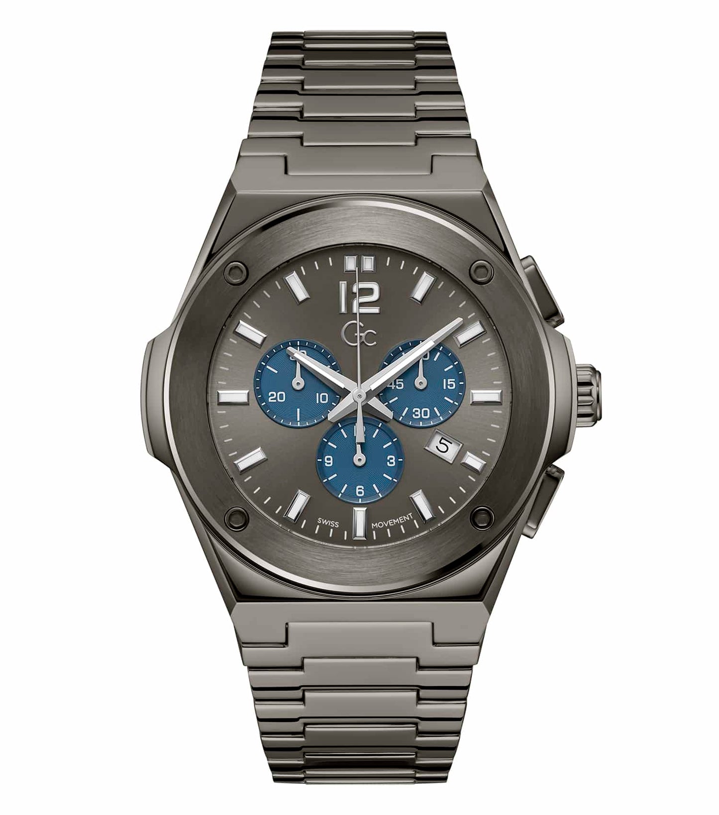Gc watch in elegant gray on a soft surface, showcasing its sleek design from a tilted angle, perfect for fashion enthusiasts.