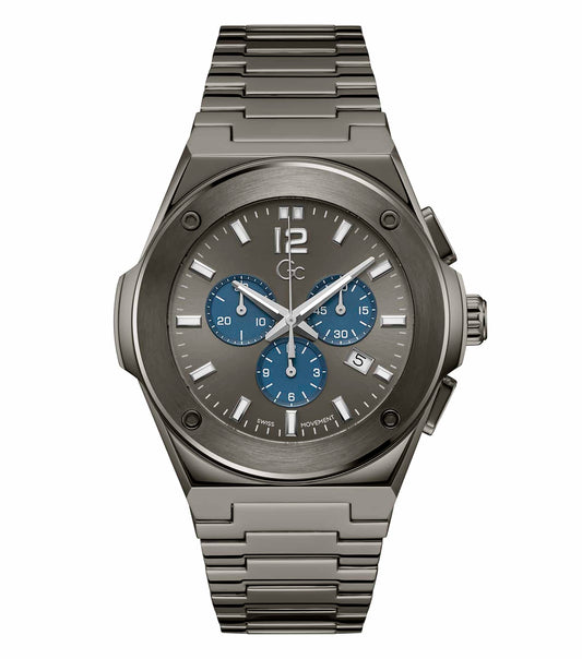 Gc watch in elegant gray on a soft surface, showcasing its sleek design from a tilted angle, perfect for fashion enthusiasts.