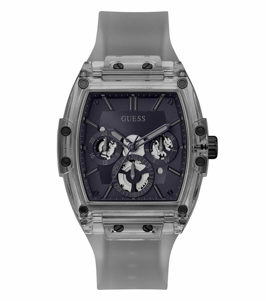 Guess grey color watch with round dial, side angle view, showcasing elegant design and metallic strap; premium men's accessory.