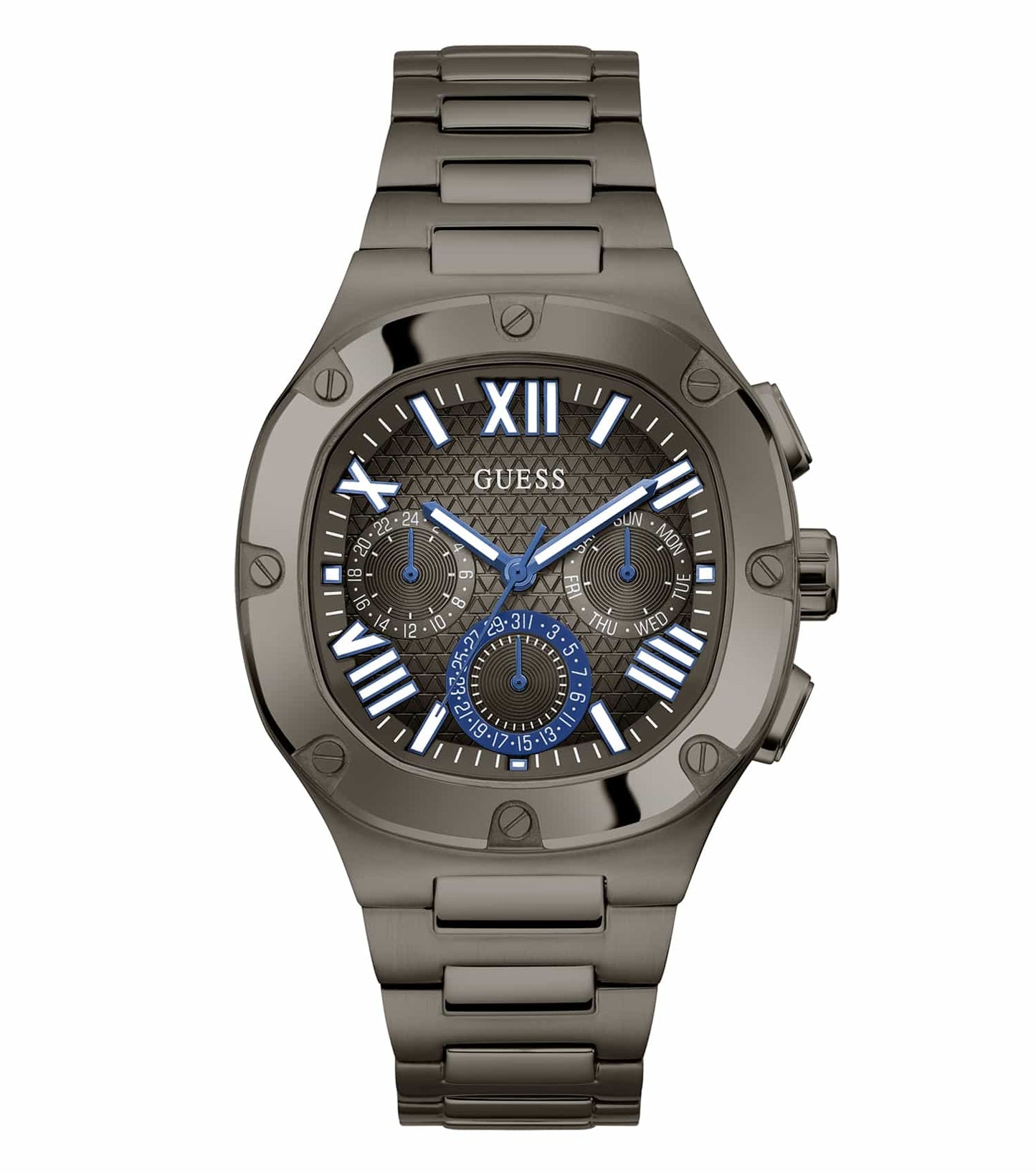 Guess grey watch with sleek dial, displayed at a 10 o'clock angle, showcasing its stylish design for passionate watch enthusiasts.