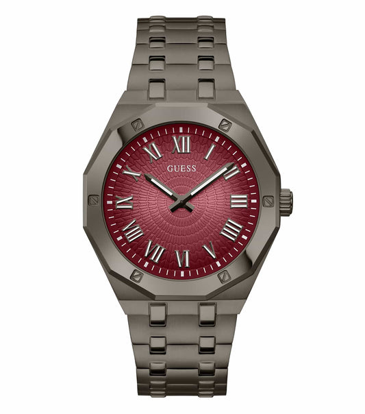 Guess brand watch in sleek grey color captured at a stylish front angle, showcasing elegant design and craftsmanship.