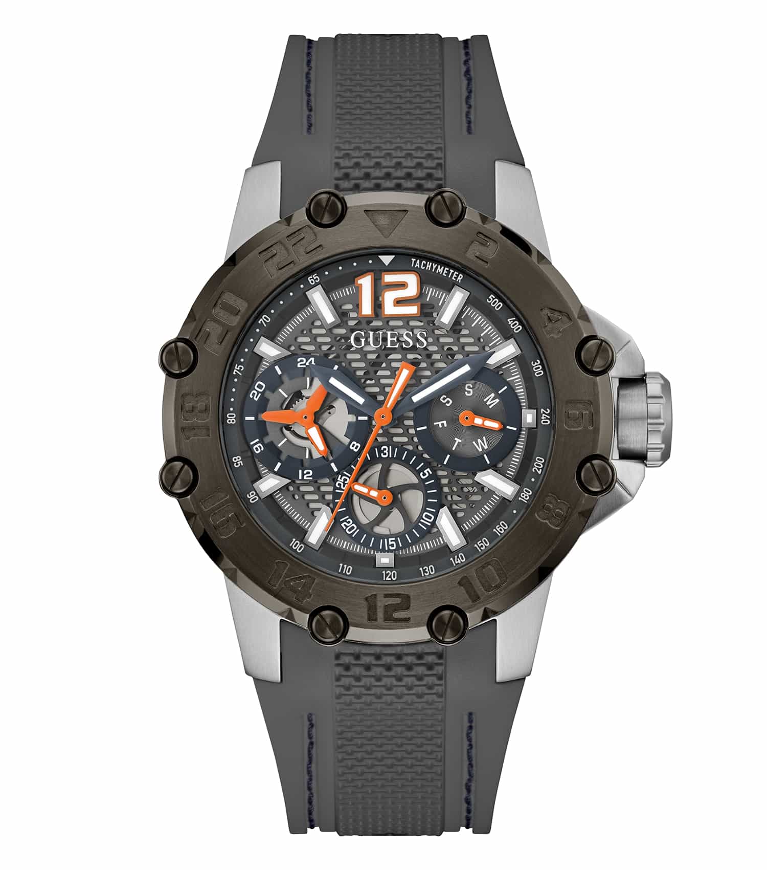 Guess men's watch in a stunning grey color, showcased at a front-facing angle, highlighting its sleek, modern design.