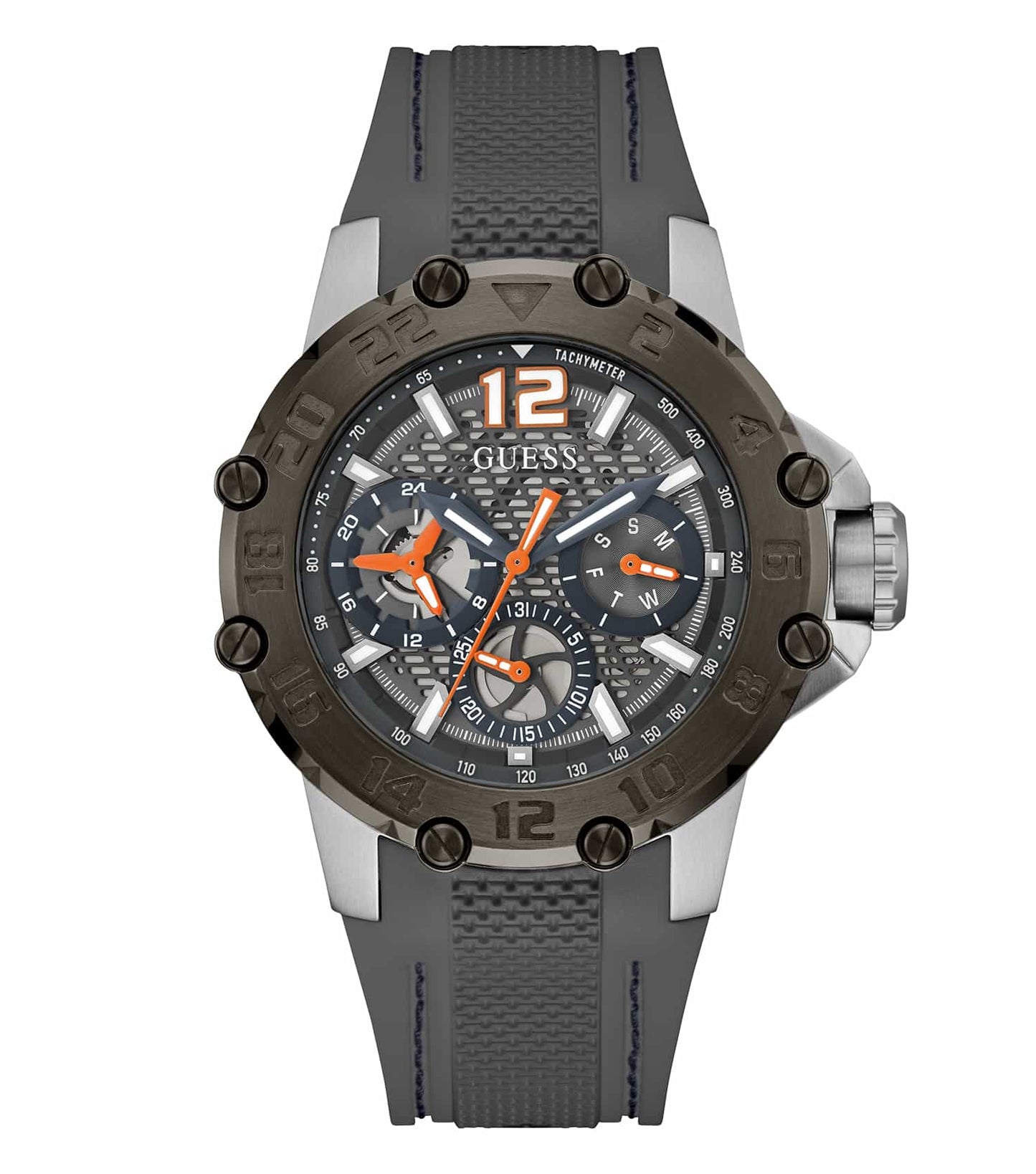 Guess men's watch in a stunning grey color, showcased at a front-facing angle, highlighting its sleek, modern design.