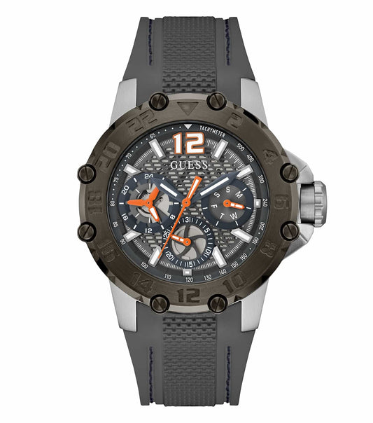 Guess men's watch in a stunning grey color, showcased at a front-facing angle, highlighting its sleek, modern design.